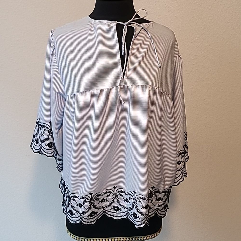 Parisian Vibes: London Times Striped Top with Embroidered Edge (XL)